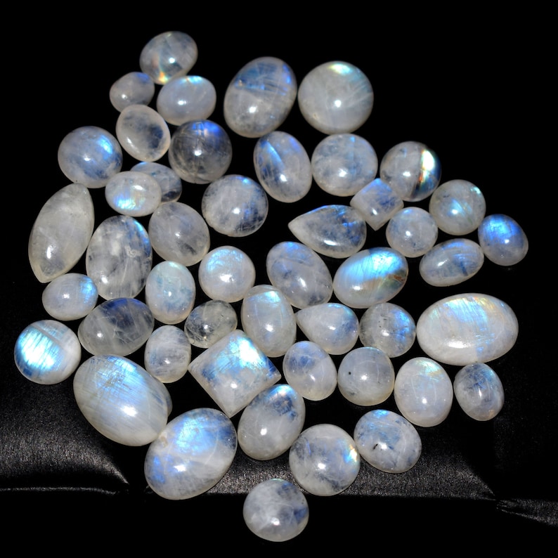 253 Cts Natural Rainbow Moonstone Blue Fire Cabochon Top Quality Gemstone Lot 48 Pieces Mix Shape Size 17x12 To Size 9x7 Free Shipping Z-148
