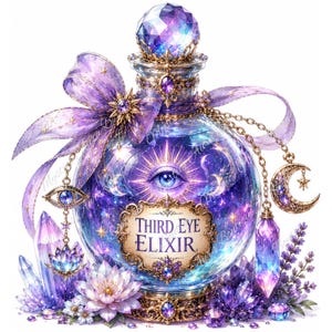 Pu&ograve; includere: Una bottiglia di vetro rotonda con l'etichetta Third Eye Elixir, caratterizzata da un interno cosmico viola e blu con un grafico a occhio centrale. La bottiglia &egrave; decorata con un tappo di cristallo sfaccettato, un nastro viola e cristalli.