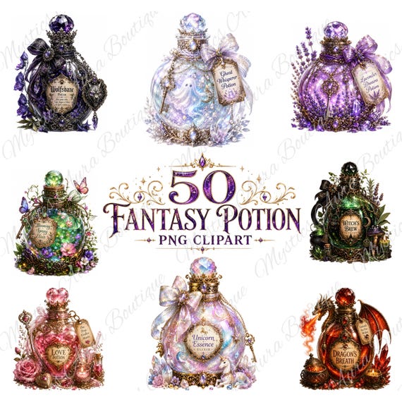 50 Fantasy Potion Bottle PNG Clipart, Witch Potion Clip Art, Magical Apothecary PNG, Gothic Clipart, Transparent PNG