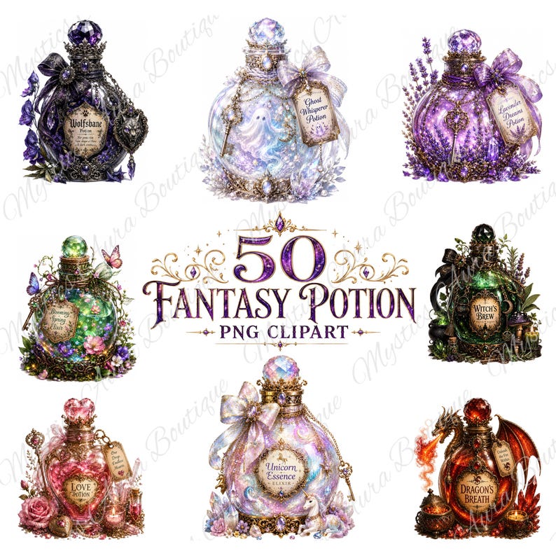 Pu&ograve; includere: Una collezione di 50 illustrazioni digitali di pozioni fantasy con bottiglie di vetro decorate con etichette come Wolfsbane, Ghost Whisperer, Lavender Dreams, Blooming Spring, Witch's Brew, Love Potion, Unicorn Essence e Dragon's Breath.