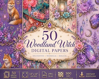 Può includere: Una collezione di 50 carte digitali con una volpe, una persona con cappello floreale, una lanterna e cristalli viola. Il testo centrale recita 50 Woodland Witch DIGITAL PAPERS, con dettagli che includono 300 DPI e file in formato JPEG.
