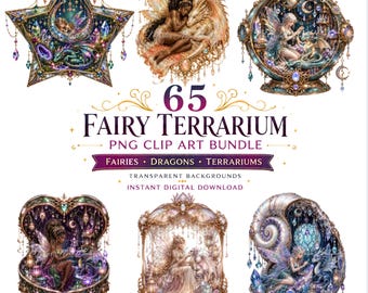 Pacchetto di 65 clipart PNG per terrari fatati, clipart di fate fantasy, clipart di draghi, PNG trasparenti, download digitale, uso personale