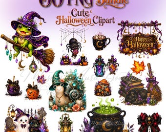 Pacchetto di 60 file PNG di clipart carine e streghe per Halloween – Grafica spettrale e carina per Halloween, clipart di rane, fantasmi e zucche, download immediato