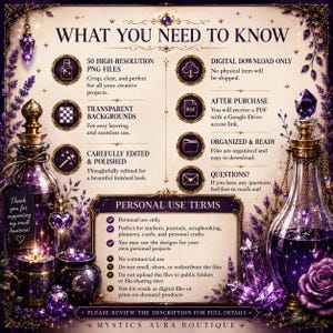 Pu&ograve; includere: Un grafico informativo intitolato WHAT YOU NEED TO KNOW con bordi decorati in viola e oro, rametti di lavanda, boccette di pozioni e cristalli. Elenca i dettagli del download digitale, le specifiche dei file e i termini di utilizzo personale.