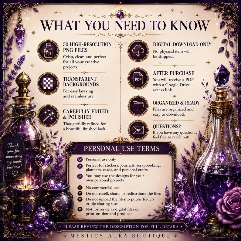 Pu&ograve; includere: Un grafico informativo intitolato WHAT YOU NEED TO KNOW con bordi decorati in viola e oro, rametti di lavanda, boccette di pozioni e cristalli. Elenca i dettagli del download digitale, le specifiche dei file e i termini di utilizzo personale.
