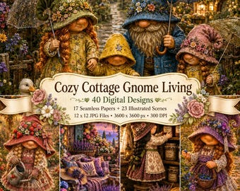 Può includere: Una collezione digitale intitolata Cozy Cottage Gnome Living con 40 design, inclusi 17 sfondi senza giunture e 23 scene illustrate. Le immagini mostrano gnomi con cappelli e abiti floreali, alcuni con ombrelli, in file JPG da 30,48 x 30,48 cm.
