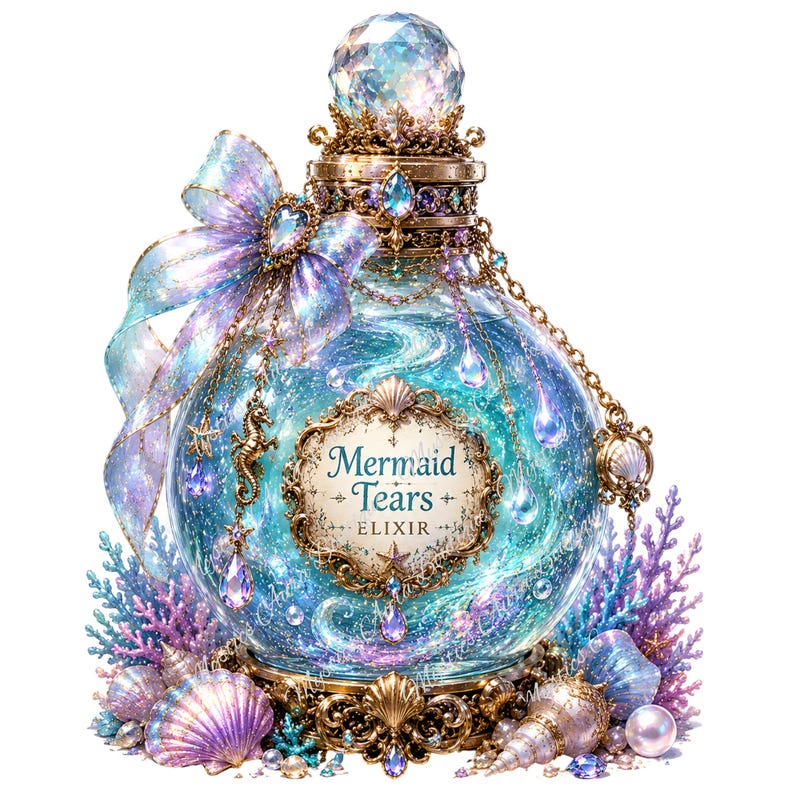 Pu&ograve; includere: Una bottiglia di vetro rotonda riempita con liquido blu e turchese vorticoso, etichettata Mermaid Tears ELIXIR. La bottiglia presenta un tappo di cristallo sfaccettato, un grande fiocco iridescente, catene dorate con ciondoli a forma di cavalluccio marino e una base decorata con conchiglie.