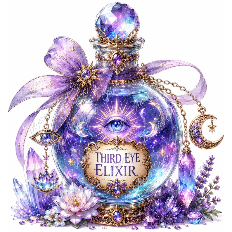 Pu&ograve; includere: Una bottiglia di vetro rotonda con l'etichetta Third Eye Elixir, caratterizzata da un interno cosmico viola e blu con un grafico a occhio centrale. La bottiglia &egrave; decorata con un tappo di cristallo sfaccettato, un nastro viola e cristalli.