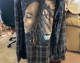 Free Shipping!!!!  Upcycled Flannel Shirt with Bob Marley Tee Graphic size XL