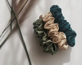 Skinny Satin Hair Scrunchie Set of 2 Gift | Soft Silky Hair Elastic Accessories for All Occasions  | Bridesmaid Scrunchie Handmade in Canada