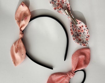Bunny Ear Bow Headband or Clip - Option of Ponytail Bow, Alligator Clip or Black Satin Headband for Youth or Adults