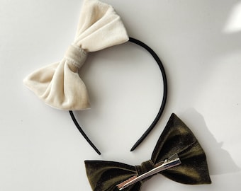 Luxurious Velvet Bow Headband or Clip - Option of Velvety Bow with Alligator Clip or Black Satin Headband for Youth or Adults