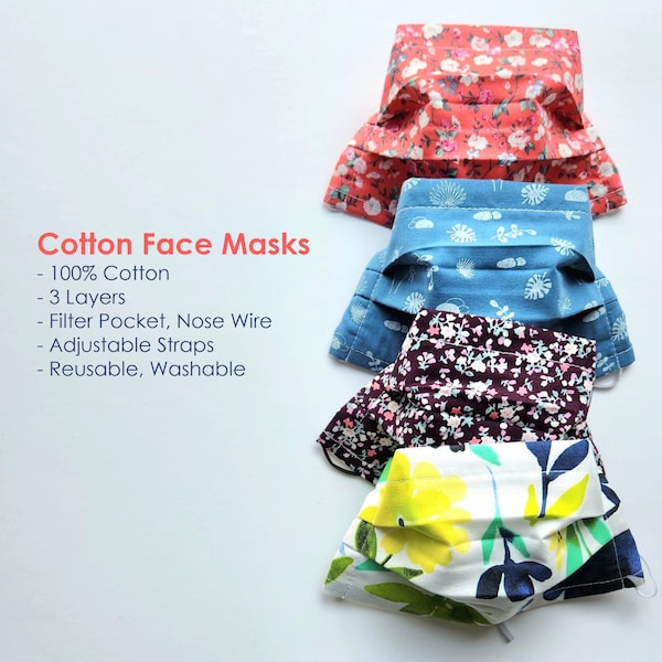 Face Mask 3-layer Filter Pocket w/ nose wire, Washable, adjustable ear straps - Unisex Adult Pleated Style Fits ALL | Gift for Her