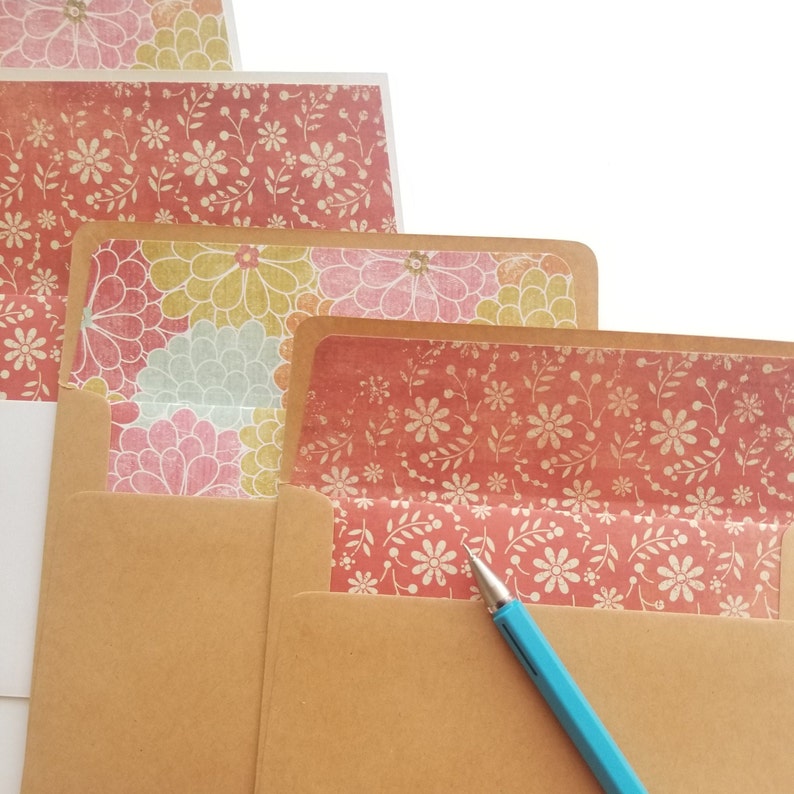 Vintage Greeting Cards Handmade Blank Note Cards for all Occasions Pack of 4 envelope liner w matching card