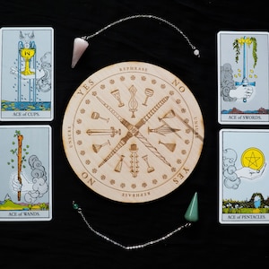 Pendulum Board Tarot | Pentacles Cups Wands Swords Divination | Oracle Scrying Spirit Board | Wooden Dowsing Kit