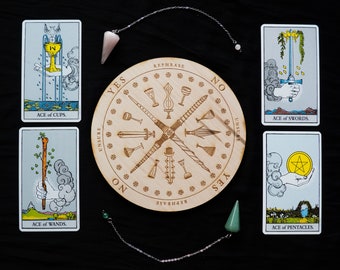 Pendulum Board Tarot | Pentacles Cups Wands Swords Divination | Oracle Scrying Spirit Board | Wooden Dowsing Kit