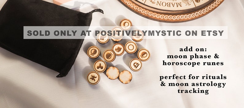 May include: Wooden moon phase and zodiac rune set with a black velvet pouch. The runes are engraved with symbols for each moon phase and zodiac sign. The text "SOLD ONLY AT POSITIVELYMYSTIC ON ETSY" is visible in the image.