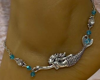 Tobillera/Tobillera de sirena/Tobillera de sirena plateada/Joyería para pies/Joyería de playa/Joyería de verano/Tobillera de sirena de cristal