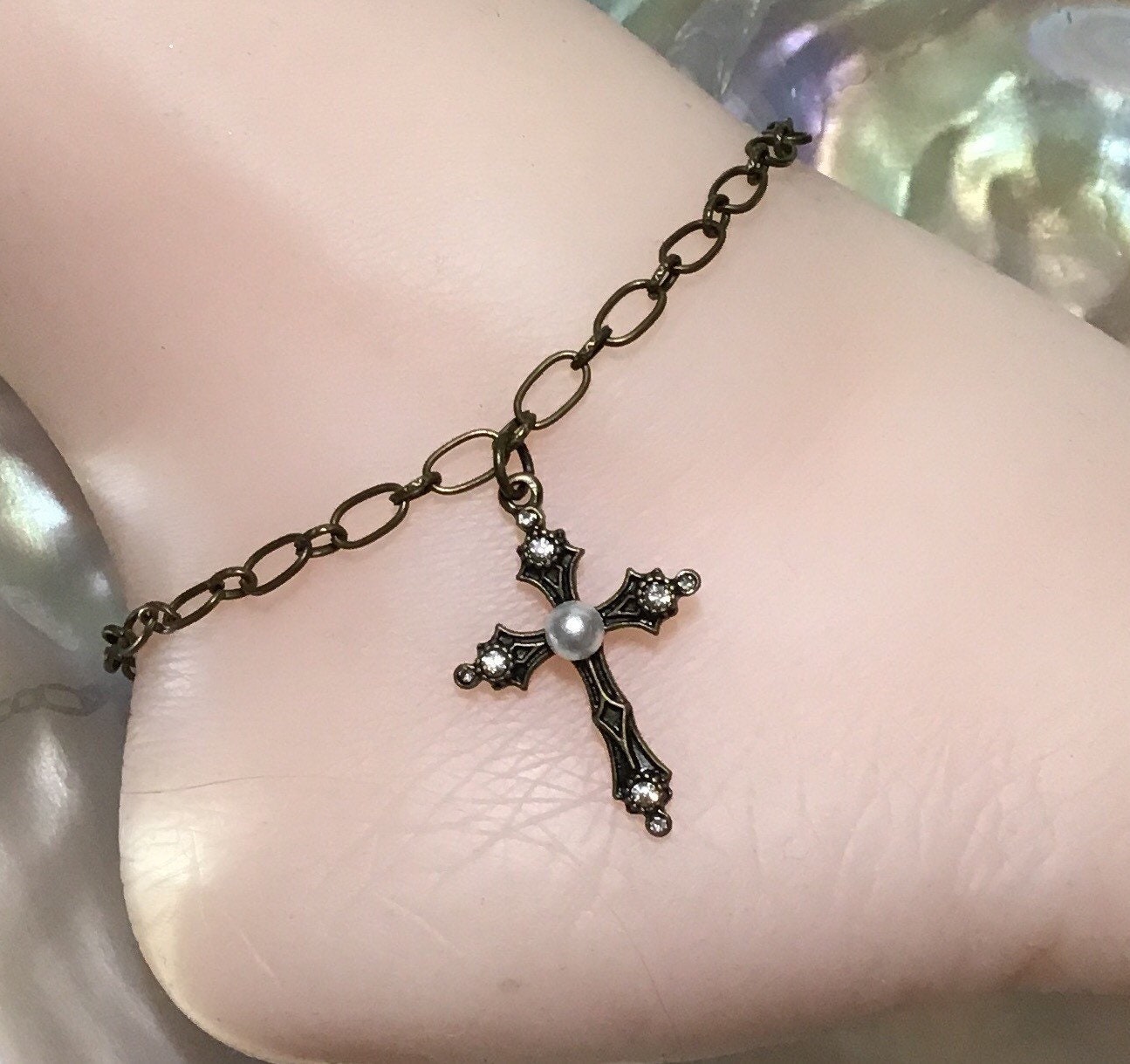 Cross Ankle Bracelet Bronze Anklet Rhinestone Anklet Etsy UK