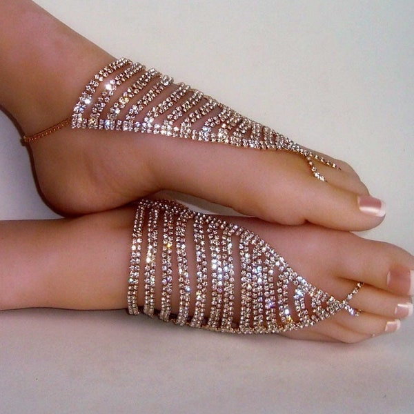 Barefoot Sandals/Gold Barefoot Sandals/Toe Ring Anklet/Wedding Barefoot Sandals/Rhinestone Barefoot Sandals