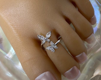 Toe Ring/Silver Toe Ring/Adjustable Toe Ring/Crystal Butterfly Toe Ring/Silver Butterfly Toe Ring/