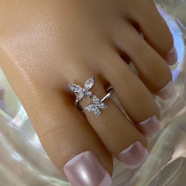 Toe Ring/Silver Toe Ring/Adjustable Toe Ring/Crystal Butterfly Toe Ring/Silver Butterfly Toe Ring/