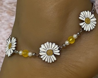 Tobillera/Tobillera con margaritas/Tobillera con flores/Pulsera de tobillo con margaritas/Joyería para pies/Joyería de verano/Joyería de playa/Pulsera de tobillo con margaritas/Tobillera con flores