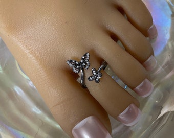 Toe Ring/Adjustable Toe Ring/Black Butterfly Toe Ring/Crystal Butterfly Toe Ring/Summer Toe Ring/Open Toe Ring