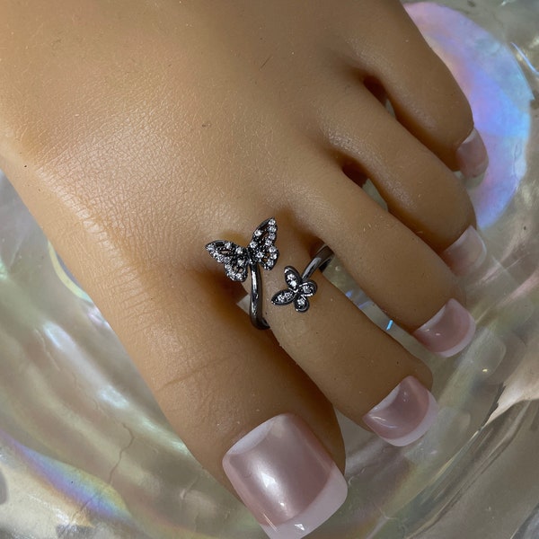 Toe Ring/Adjustable Toe Ring/Black Butterfly Toe Ring/Crystal Butterfly Toe Ring/Summer Toe Ring/Open Toe Ring