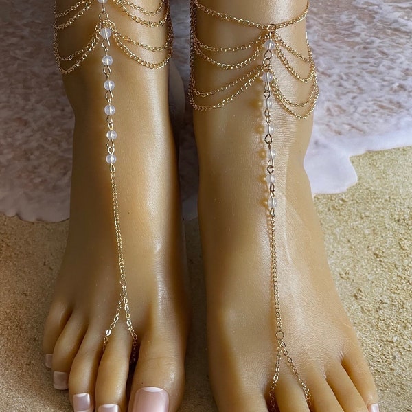 Barefoot Sandals/Gold Barefoot Sandals/Festival Jewelry /Beach Wedding Barefoot Sandals/Toe Ring Anklet/Beach Jewelry