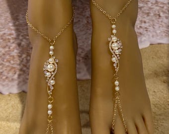 Barefoot Sandals/Pearl Barefoot Sandals/Gold  Rhinestone Pearl Barefoot Sandals/Beach Wedding Barefoot Sandals/Rhinestone Barefoot Sandals