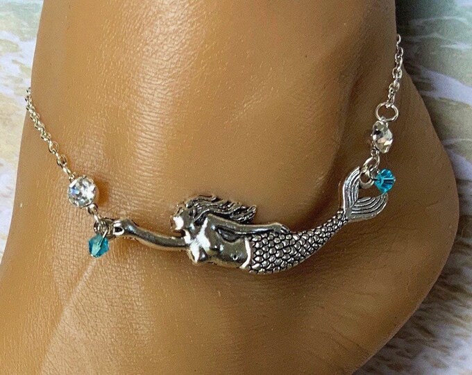 Mermaid Anklet/silver Mermaid Anklet/foot Jewelry/beach Jewelry/ Summer Jewelry/crystal Mermaid