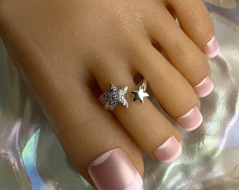 Toe Ring/Adjustable Silver Toe Ring/Crystal Starfish Toe Ring/Silver Starfish Toe Ring