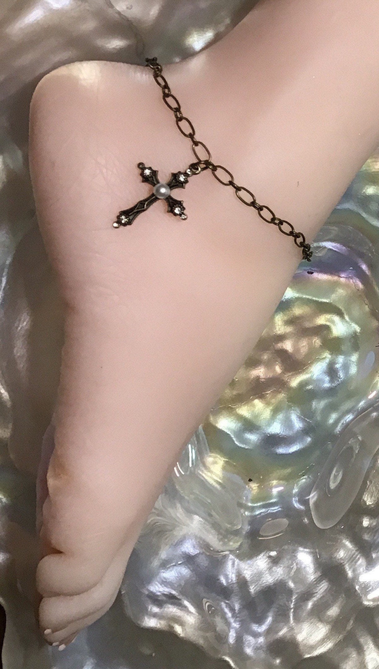 Cross Ankle Bracelet Bronze Anklet Rhinestone Anklet Etsy UK