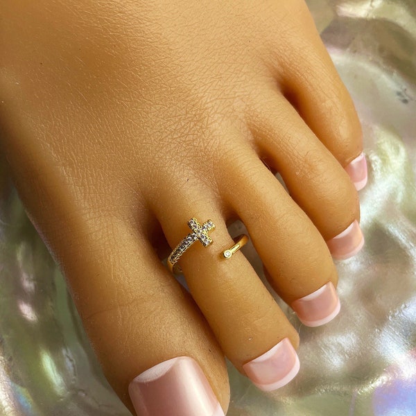 Toe Ring/Adjustable Silver Toe Ring/Crystal Cross Toe Ring/Gold Cross Toe Ring