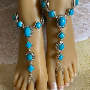 Barefoot Sandals/Turquoise Barefoot Sandals/Silver Chain Barefoot Sandals/Beach Barefoot Sandals/Turquoise Charm Barefoot Sandals