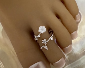Toe Ring/Flower Toe Ring/Silver Flower Toe Ring/White  Flower Toe Ring/Silver Toe Ring/Crystal Branch Toe Ring