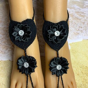 Black Satin Flower Barefoot Sandals/Beach Wedding Barefoot Sandals/Bridal Barefoot Sandals/Footies/Summer Barefoot Sandals