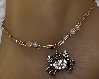 Anklet/ Crab Anklet/ Crystal Crab Anklet/ Beach Jewelry/ Gold Crab Ankle Bracelet