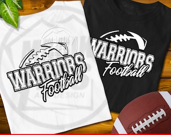 May include: A white t-shirt and a black t-shirt, each featuring a graphic design with a football illustration and the text "WARRIORS Football" in bold, outlined lettering. A brown leather football is positioned in the lower right corner.