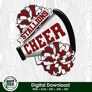 Descarga digital del logotipo de la escuela de porristas Stallions Cheer Spirit en color granate / Orgullo de porristas / Pompón de megáfono / PNG, SVG, JPEG, eps, PDF