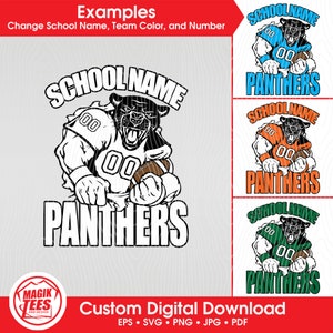 Panthers Football School Spirit Mascot | Personalize With School Name, Team Color, Number - png, eps, jpg, svg, pdf