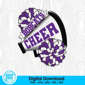 Download digital do Bobcats Cheer School Spirit roxo | Logotipo do Cheerleader Pride | Megafone Pompom | PNG, SVG, EPS, PDF, JPEG