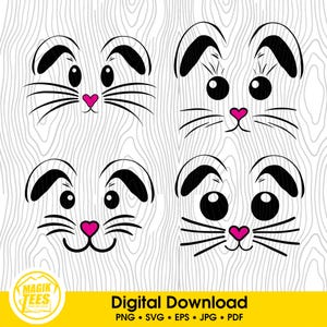 Paquete de caras de conejito / Lindo conejito de Pascua / Búsqueda de huevos de Pascua / Pascua para niños / Cuatro expresiones de conejito / PNG, SVG, JPEG, eps, pdf