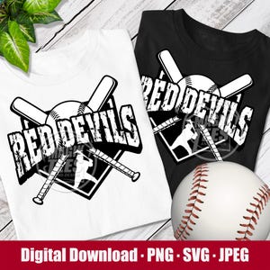 May include: A white t-shirt and a black t-shirt, each featuring a graphic of a baseball, two crossed bats, and a silhouette of a batter. The text RED DEVILS is printed in a distressed font across the center. A baseball is placed in the foreground.