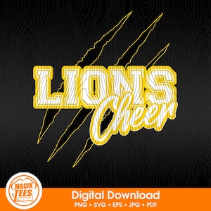 Descarga digital del logotipo de la escuela de porristas Lions Cheer Spirit en amarillo dorado / Orgullo del equipo de porristas / Porristas a juego / PNG, SVG, JPEG, eps, PDF