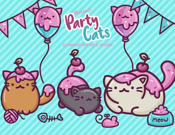 Kawaii Party Birthday Cat Clipart EPS PNG Illustrations for