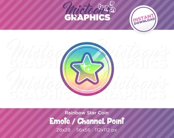 Puede incluir: Un emote de moneda de estrella arcoíris para Twitch. La moneda es un círculo con un degradado arcoíris y una estrella dorada en el centro. La estrella tiene un contorno blanco y dos destellos blancos. El texto "Emote / Channel Point" está debajo de la moneda. El texto "28x28 56x56 112x112 px" está debajo del texto.