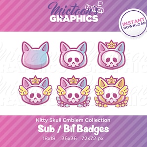 Twitch Skull Kitty Cat Emblem Collection Sub / Bit Badges / Subscriber badge / Streamer Graphics / Discord / Gamer / Pastel / Kawaii