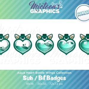 May include: Set of five animated Twitch sub badges featuring a heart-shaped bottle with wings, filled with aqua-colored liquid. The badges are available in three sizes: 18x18, 36x36, and 72x72 pixels.